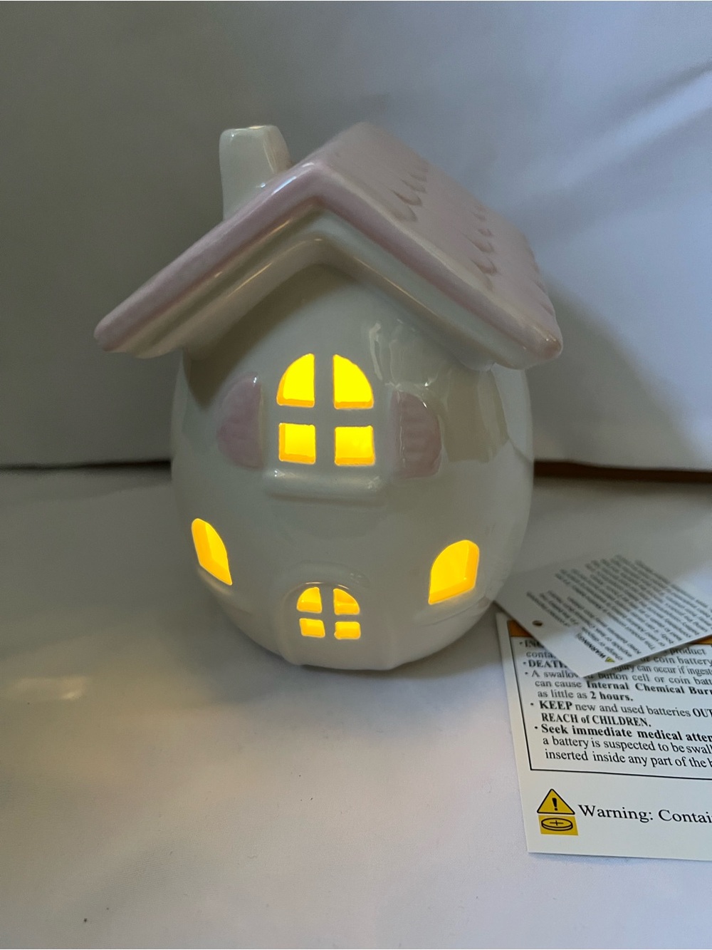 Spritz White Ceramic House Lantern with Pink Roof